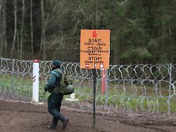 halt staatsgrenze steht in drei sprachen an der grenze zu belarus in lettland bleibt der druck an der eu aussengrenze zum benachbarten belarus nach angaben der behoerden hoch