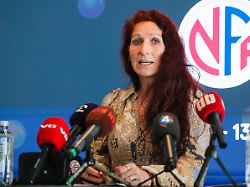 oslo 20260731 lise klaveness president of the norwegian football association nff attends press conference at ullevaal stadium about fifa private equity plan