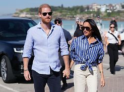 prince harry and meghan the duke and duchess of sussex arrive to meet volunteer first responders from bondi surf bathers life saving club during a visit to bondi beach australia friday april 17 2026
