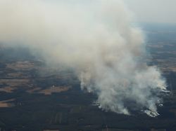 rauch eines waldbrands steigt ueber dem huertgenwald auf aufnahme aus einem flugzeug mehrere hundert hektar waldflaeche stehen in flammen