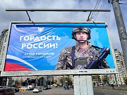 russian federation saint petersburg a banner depicting an army soldier pride of russia artyom romantsov second lieutenant