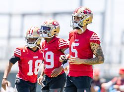 santa clara ca june 03 mike evans 5 of the san francisco 49ers looks on during a team ota practice at sap performance facility on june 3 2026 in santa clara ca