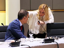 spain s prime minister pedro sanchez left speaks with italy s prime minister giorgia meloni during a euro summit working dinner at the european council building in brussels thursday oct 23 2025