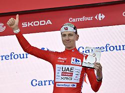 tadej pogacar of slovenia and uae team emirates during the la vuelta 81st tour of spain 2026 celebrates on the podium on august 22 2026 in monaco photo by laurent coust abacapress