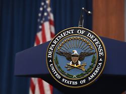 washington dc united states october 17 pentagon logo is seen ahead of a press conference at the pentagon in washington d c united states on october 17 2023