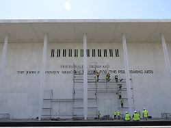 workers prepare for take down donald trumps name over kennedy center today on june 12 2026 at kennedy center in washington dc usa